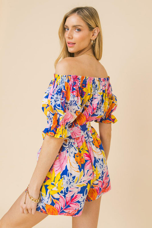 Admire You Blossom Off Shoulder Romper With Peasant Sleeves And Self Tie