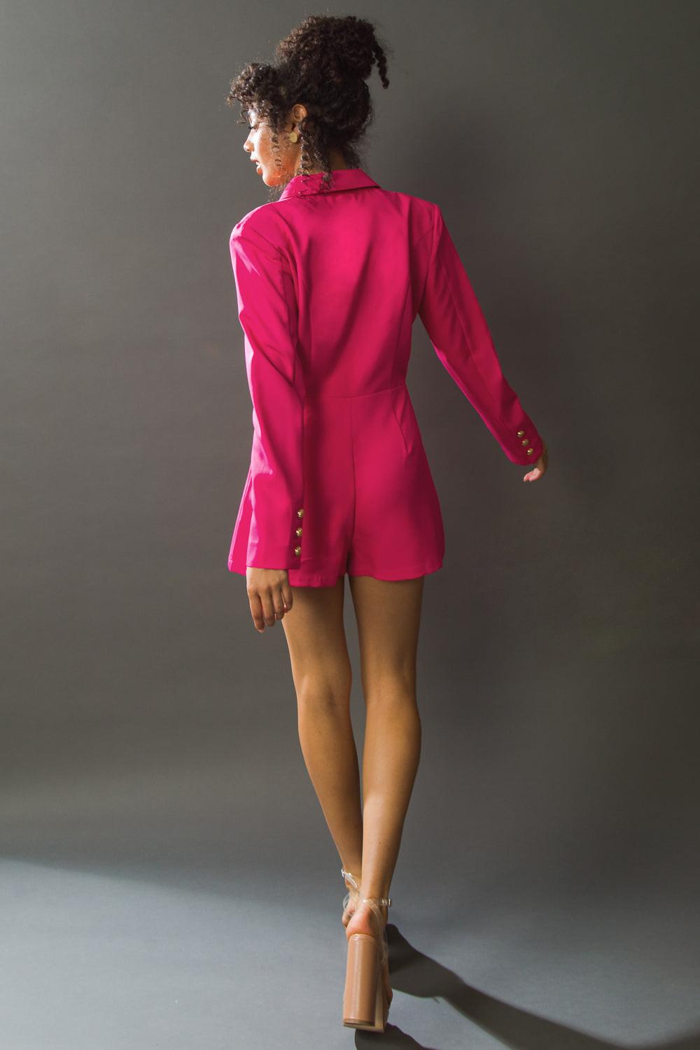 Hard To Catch Woven Romper With Blazer Top And Button Details