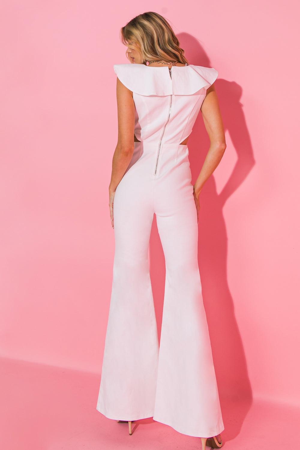 On The Way Out Denim Jumpsuit With Ruffled Surplice Neckline And Bell Bottom