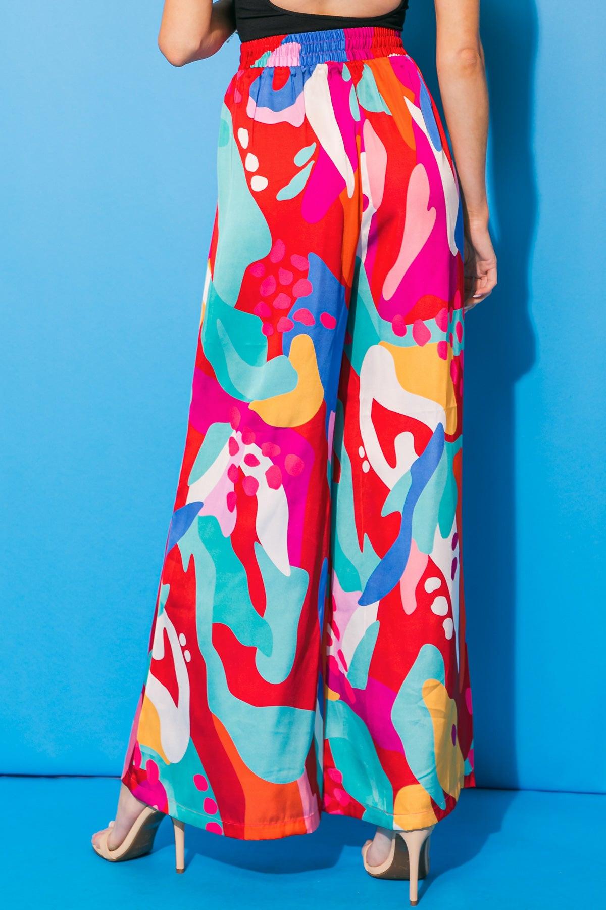 Cancun Getaway Satin Pants With Elastic Waist And Wide Leg Silhouette