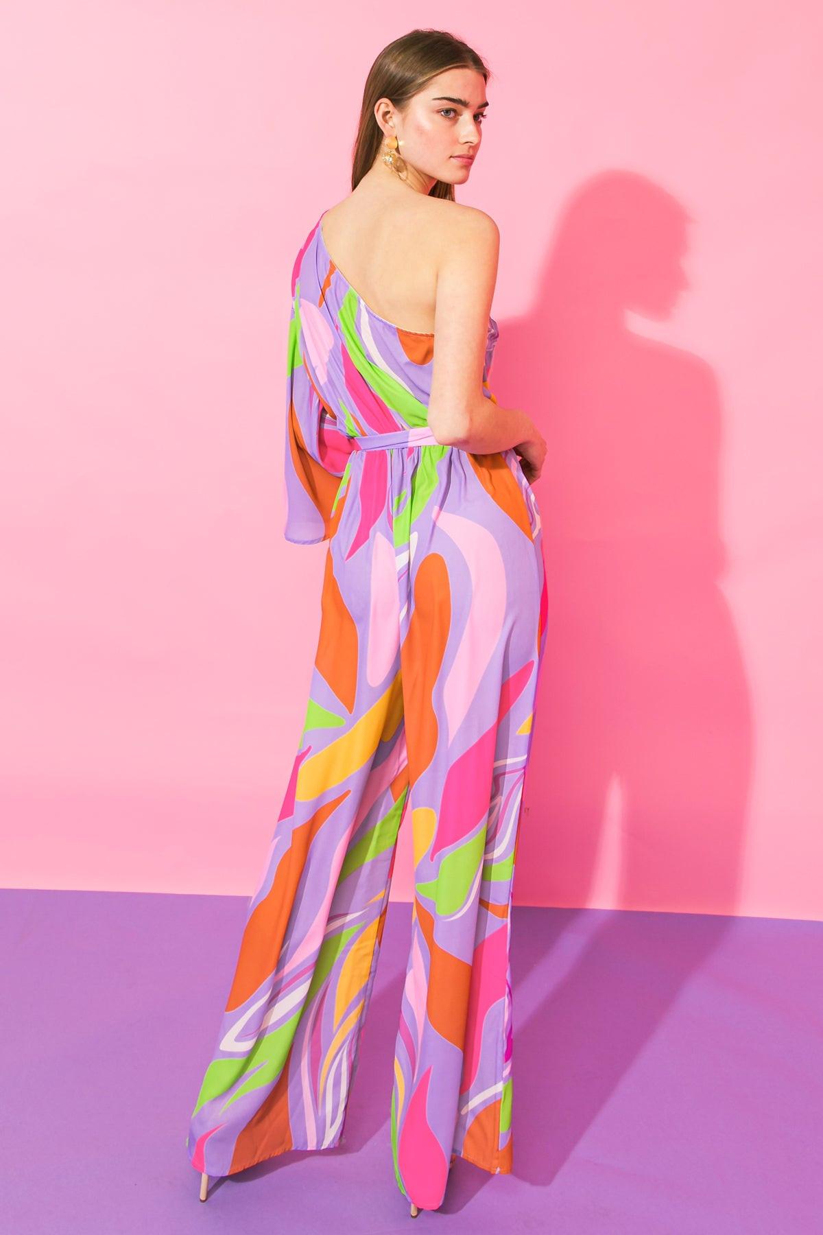 Harmony Woven Jumpsuit One Shoulder Printed Lightweight Self Tie Belt