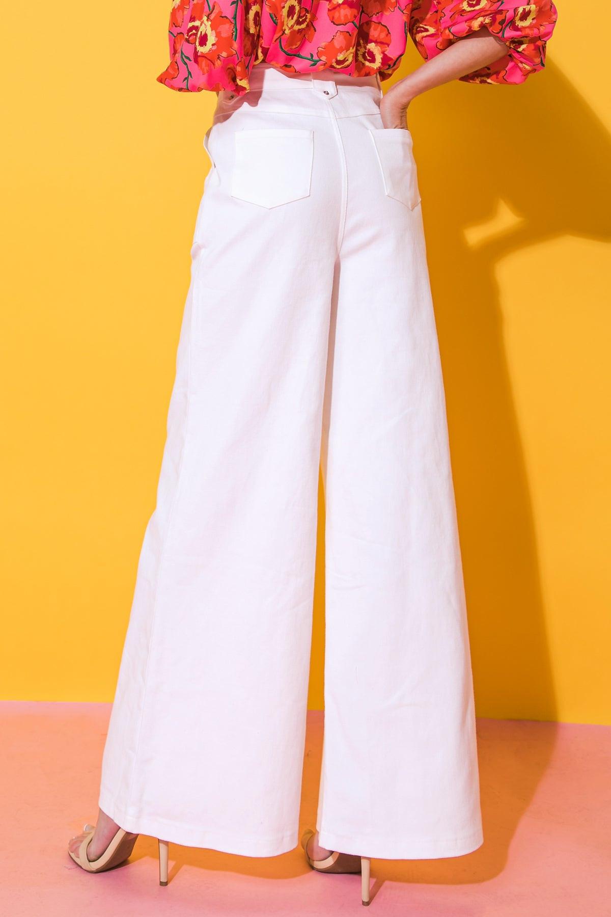 Just Say Yes Cotton Twill Pants With Self Tie Belt And Wide Leg