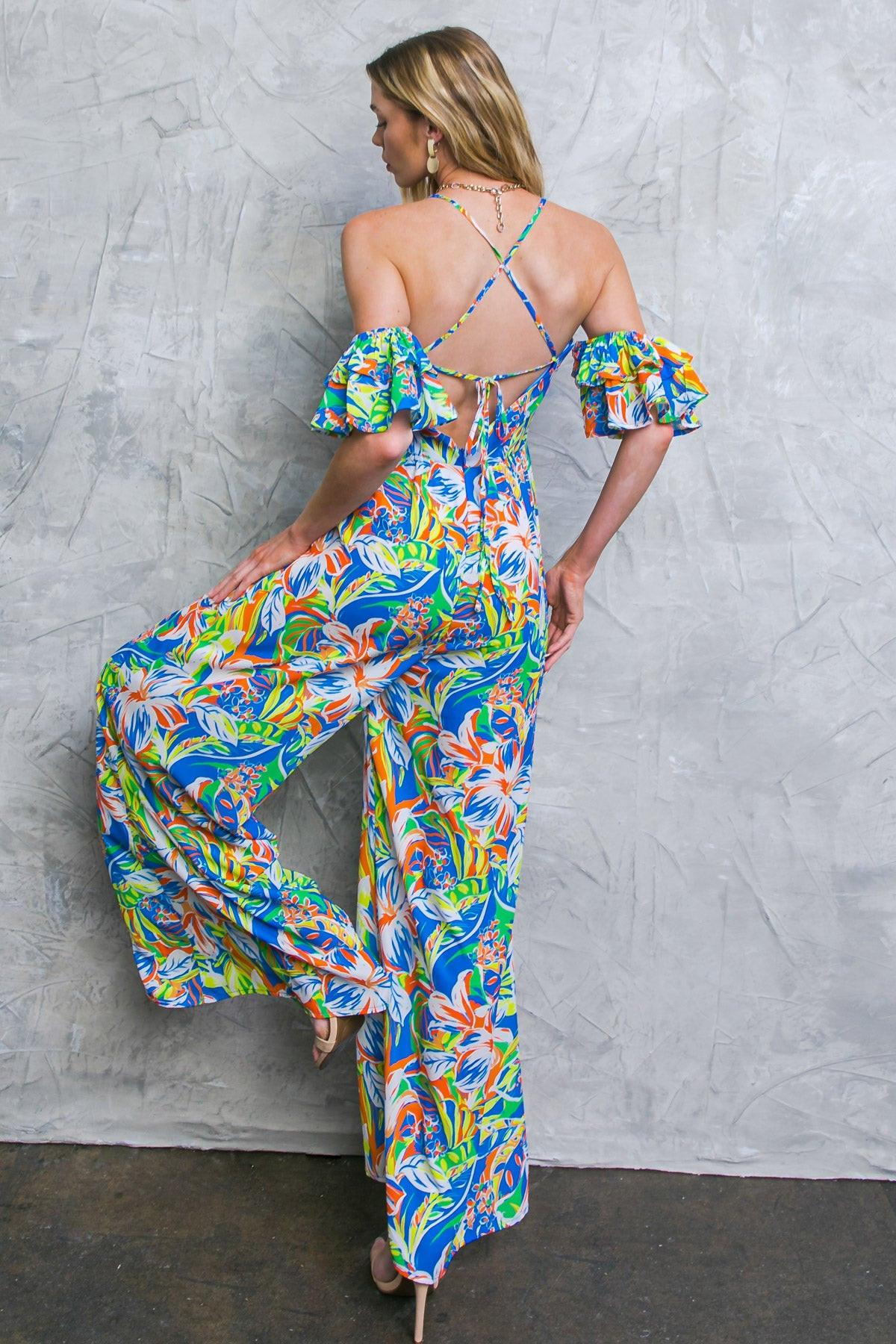 Unseen Beauty Floral Woven Jumpsuit With Cold Shoulder And Sweetheart Neckline