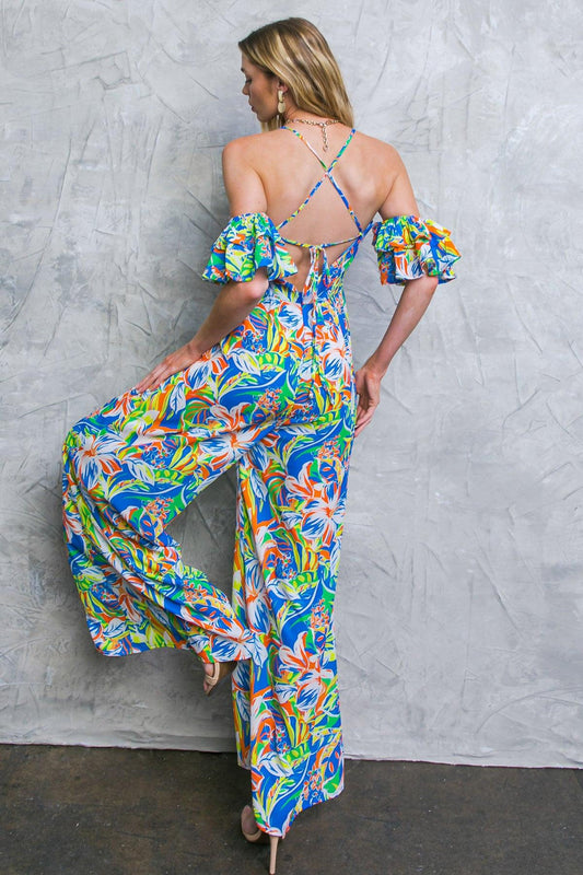 Unseen Beauty Floral Woven Jumpsuit With Cold Shoulder And Sweetheart Neckline