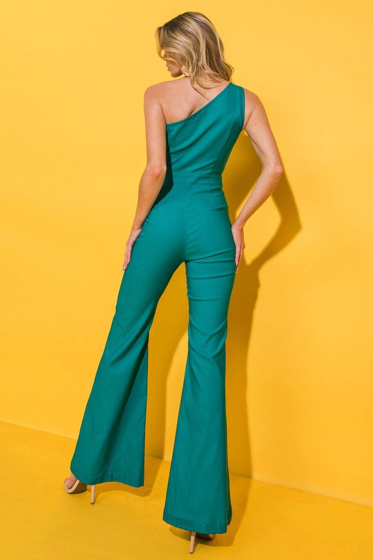 Vivid Passion Solid Jumpsuit One Shoulder With Front Seams And Flare Bottom