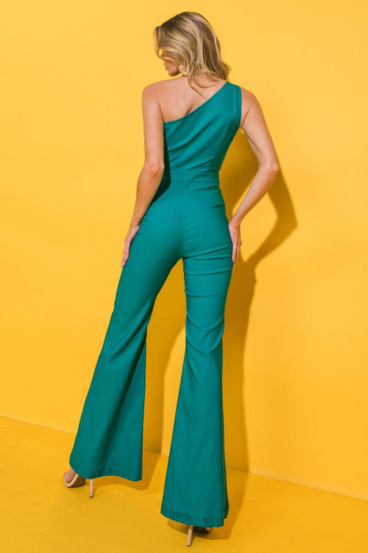 Vivid Passion Solid Jumpsuit One Shoulder With Front Seams And Flare Bottom
