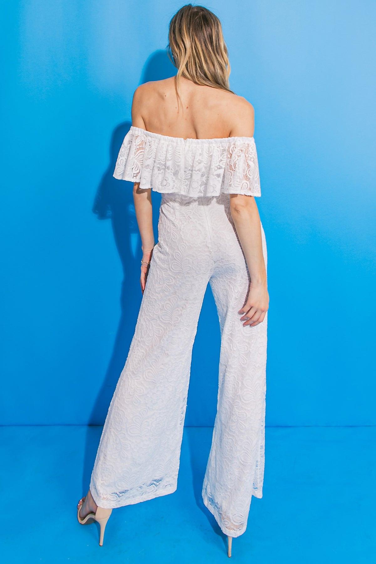 Fate Intervenes Woven Lace Jumpsuit Off Shoulder Flounce Wide Leg Back Zipper