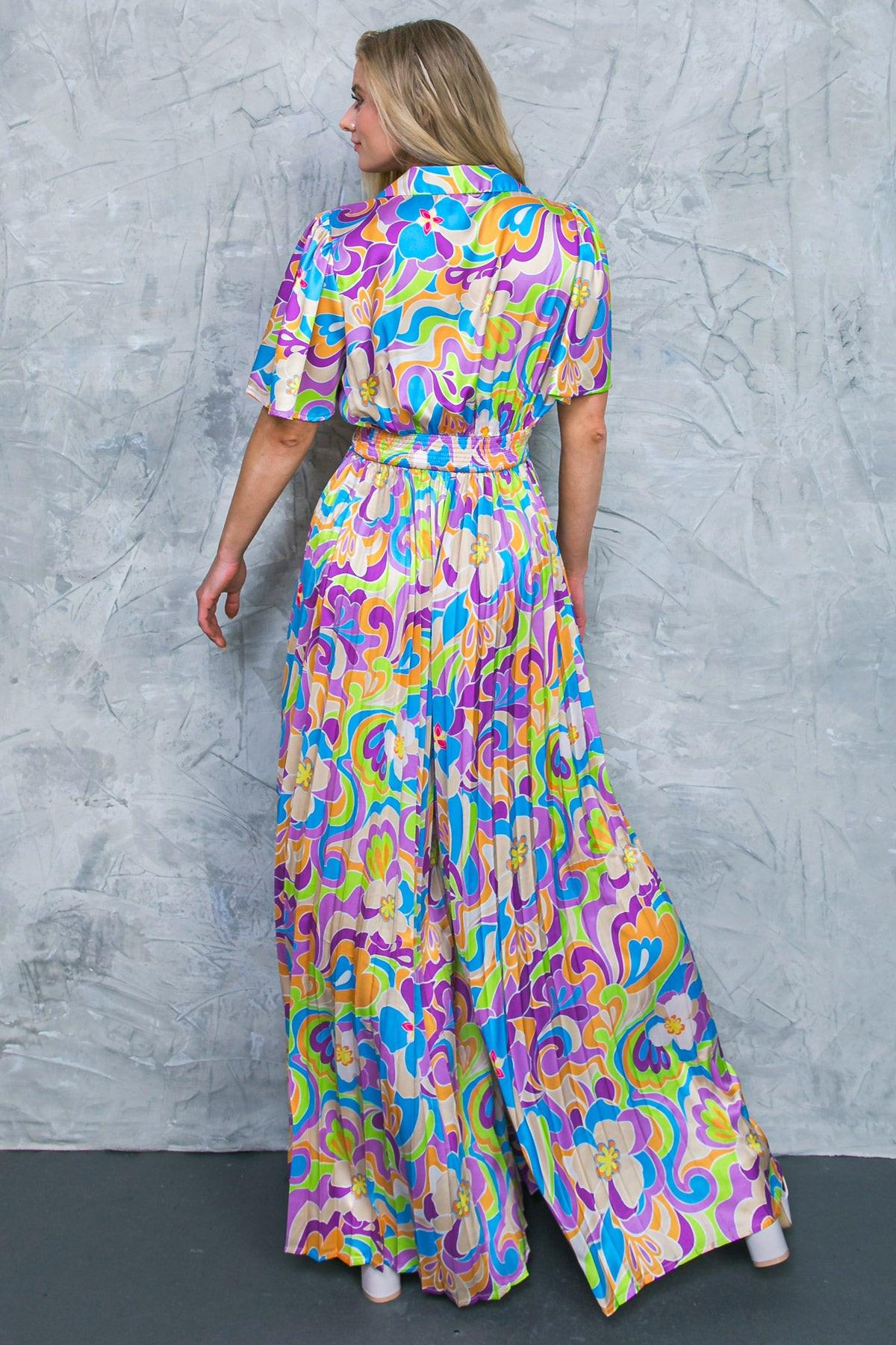 Secret Place Woven Jumpsuit With Shirt Collar V Neck And Pleated Wide Leg Pants