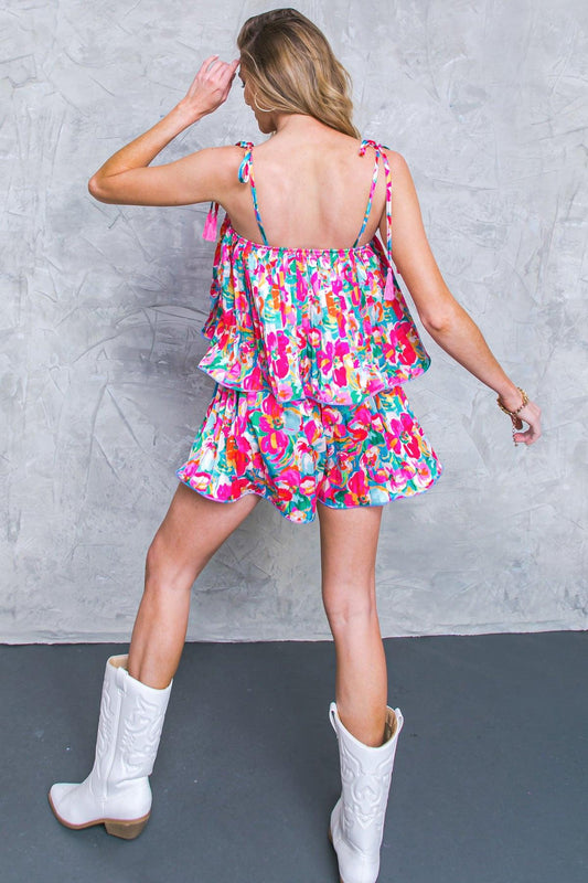 Put A Spin Woven Romper Pleated With Shoulder Ties Straight Neckline