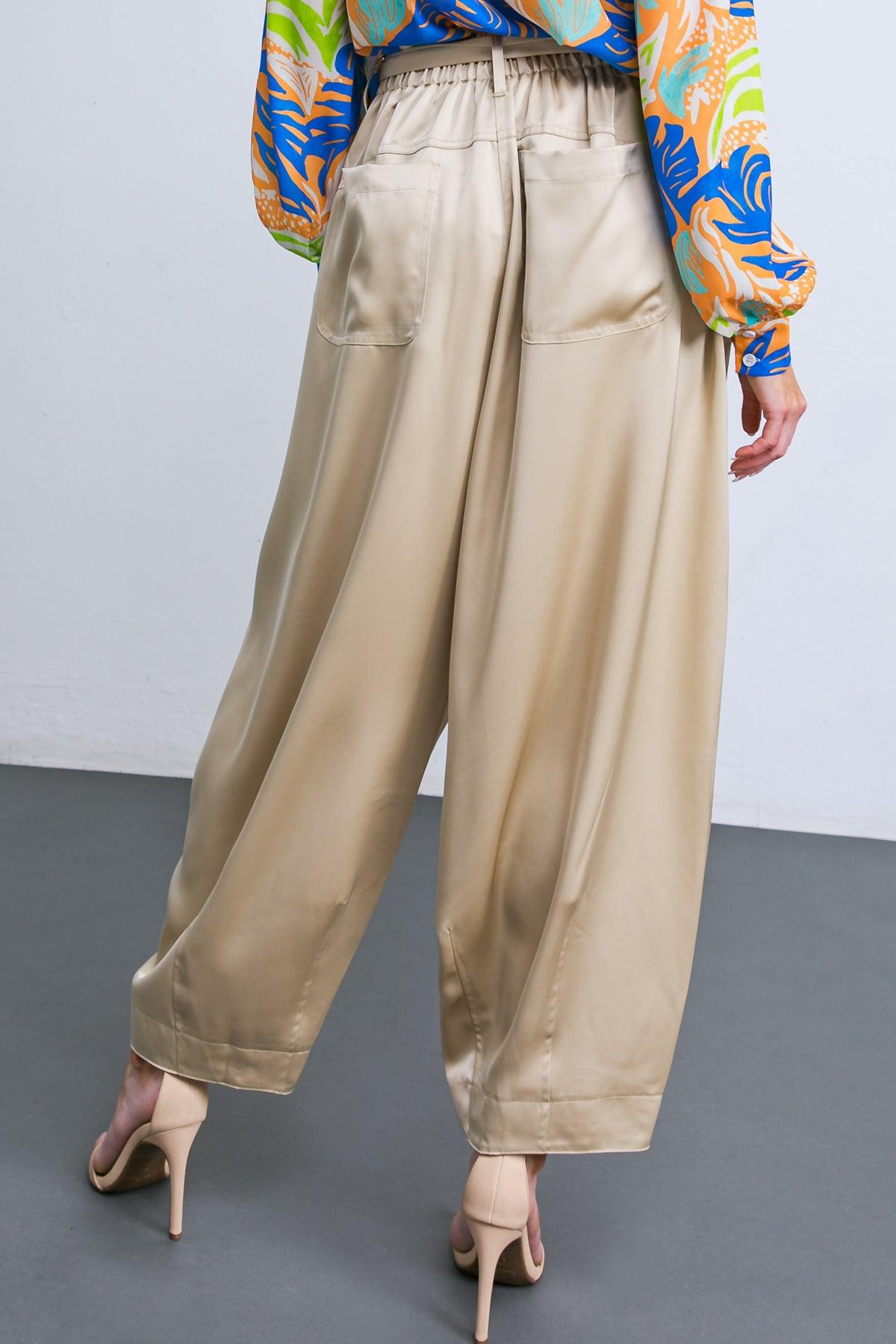 Powerful Charm Woven Satin Pants With Front Pleats Front Closure Sash Tie