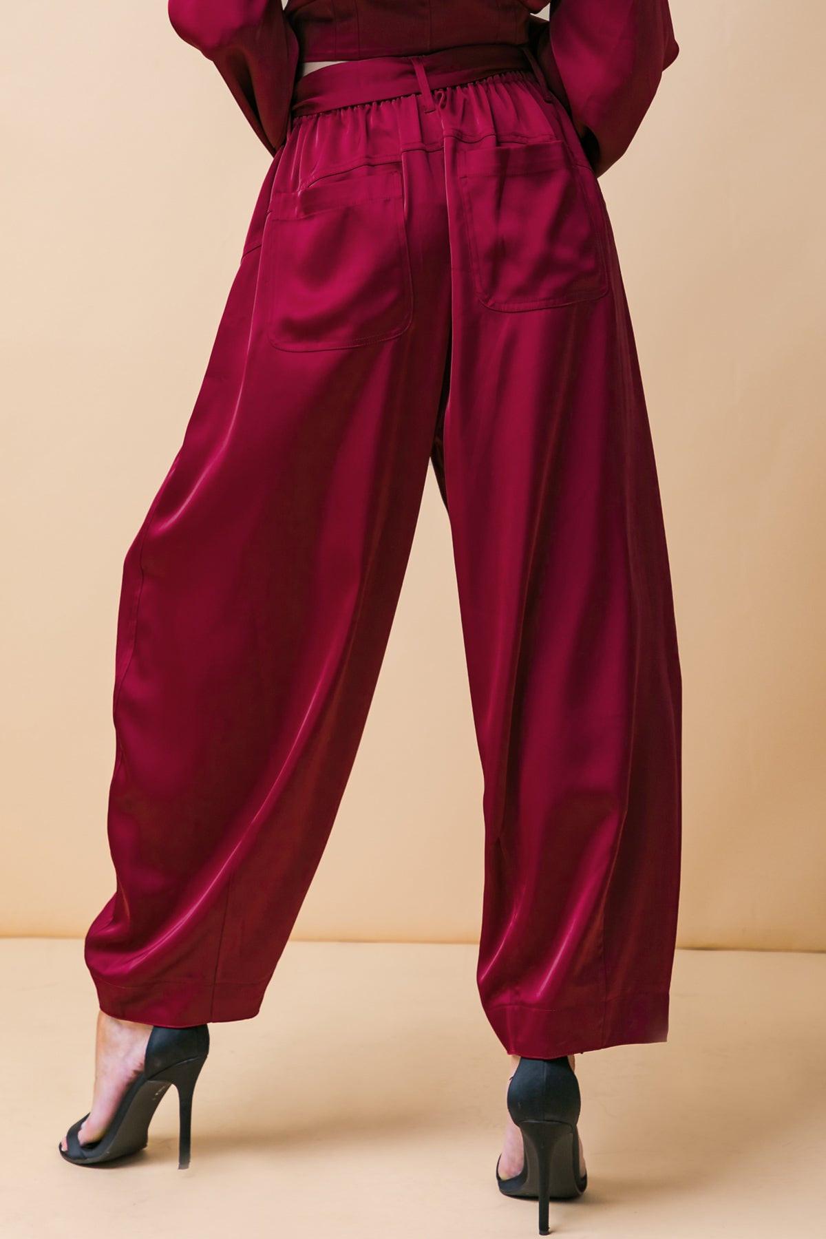 Powerful Charm Woven Satin Pants With Front Pleats Front Closure Sash Tie