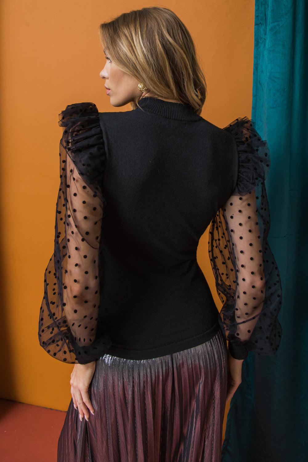 Sending Love Letters Mock Neck Knit Sweater Top With Polka Dot Tulle Sleeves