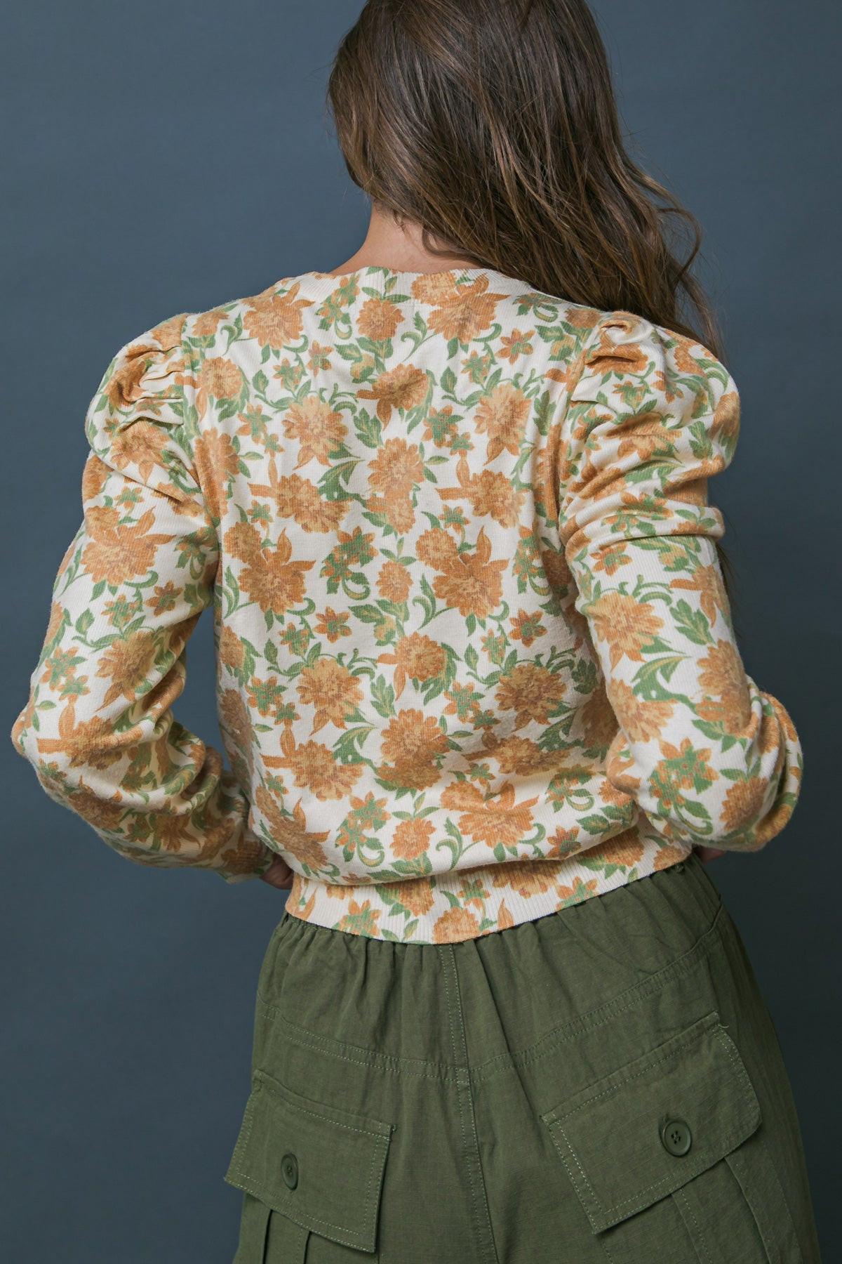 Officially Impressive Sweater Top With Printed Design And Long Puff Sleeves