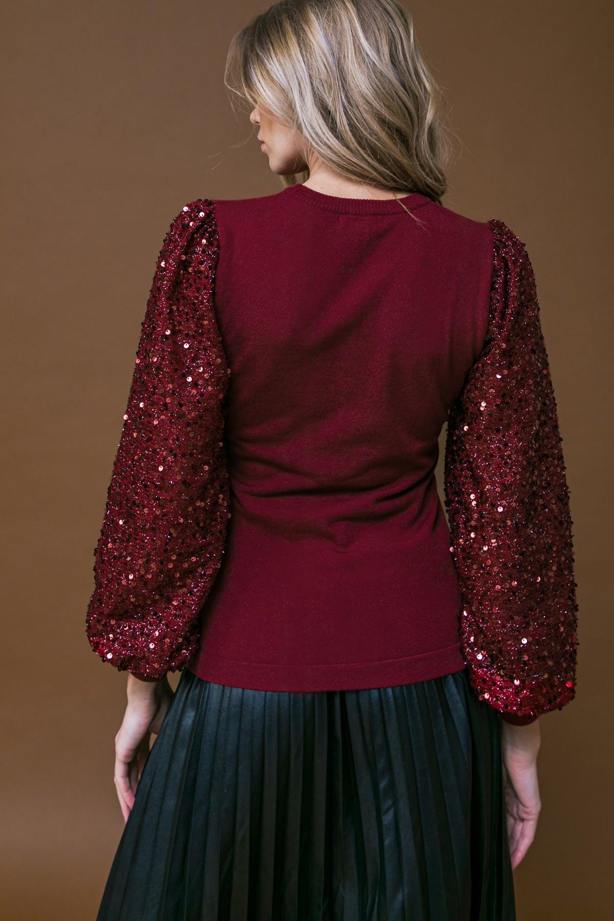 Feeling The Fun Sequin Puff Sleeve Knit Sweater Top