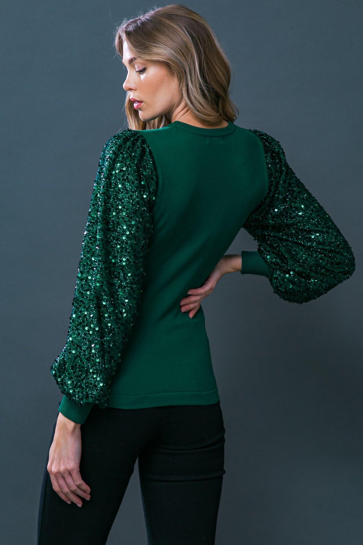 Feeling The Fun Sequin Puff Sleeve Knit Sweater Top