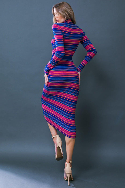 Noteworthy Shine Sweater Midi Dress With Turtle Neck And Belt