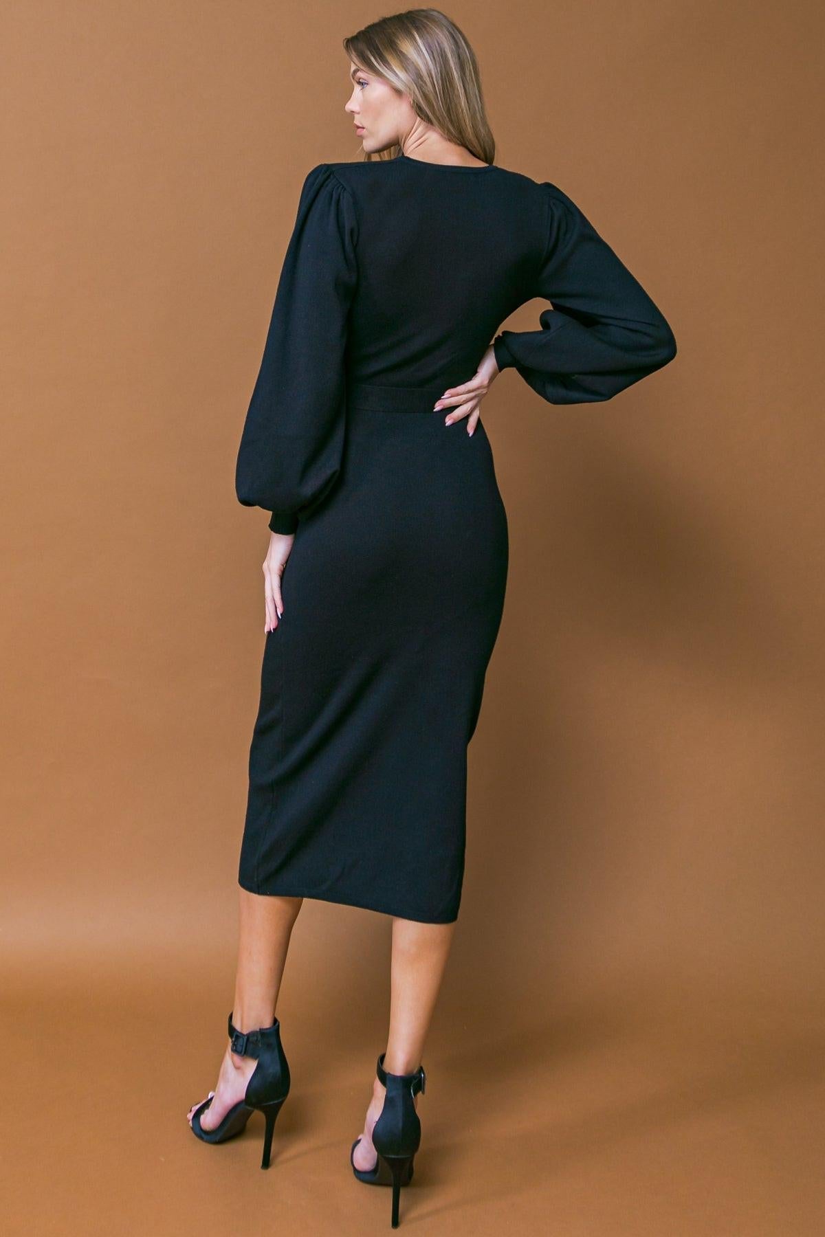 Adorable Ideal Sweater Midi Dress With Surplice Neckline Blouson Sleeves