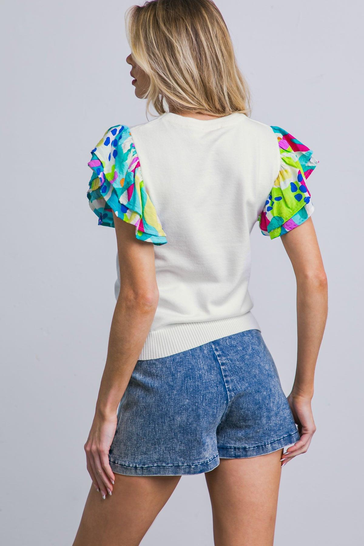 Glittery Glee Sweater Top With Round Neckline And Printed Ruffle Sleeves