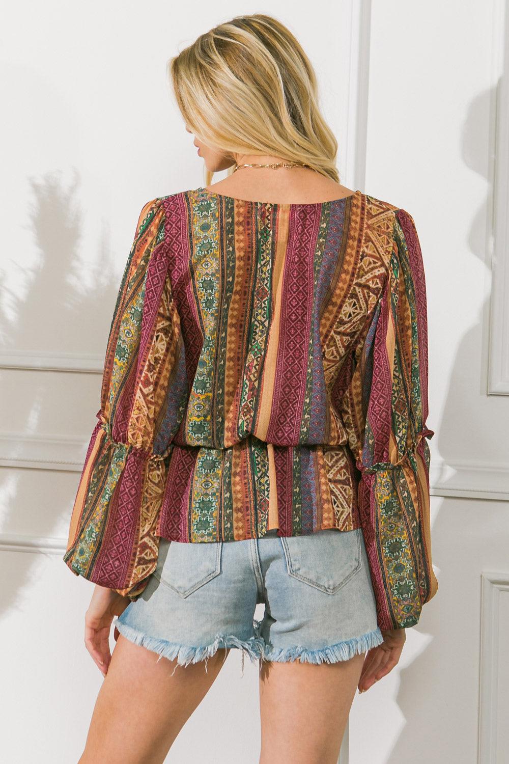 Thrilled For This Woven Top With Printed Peplum And Tassel Tie Polyester Fabric
