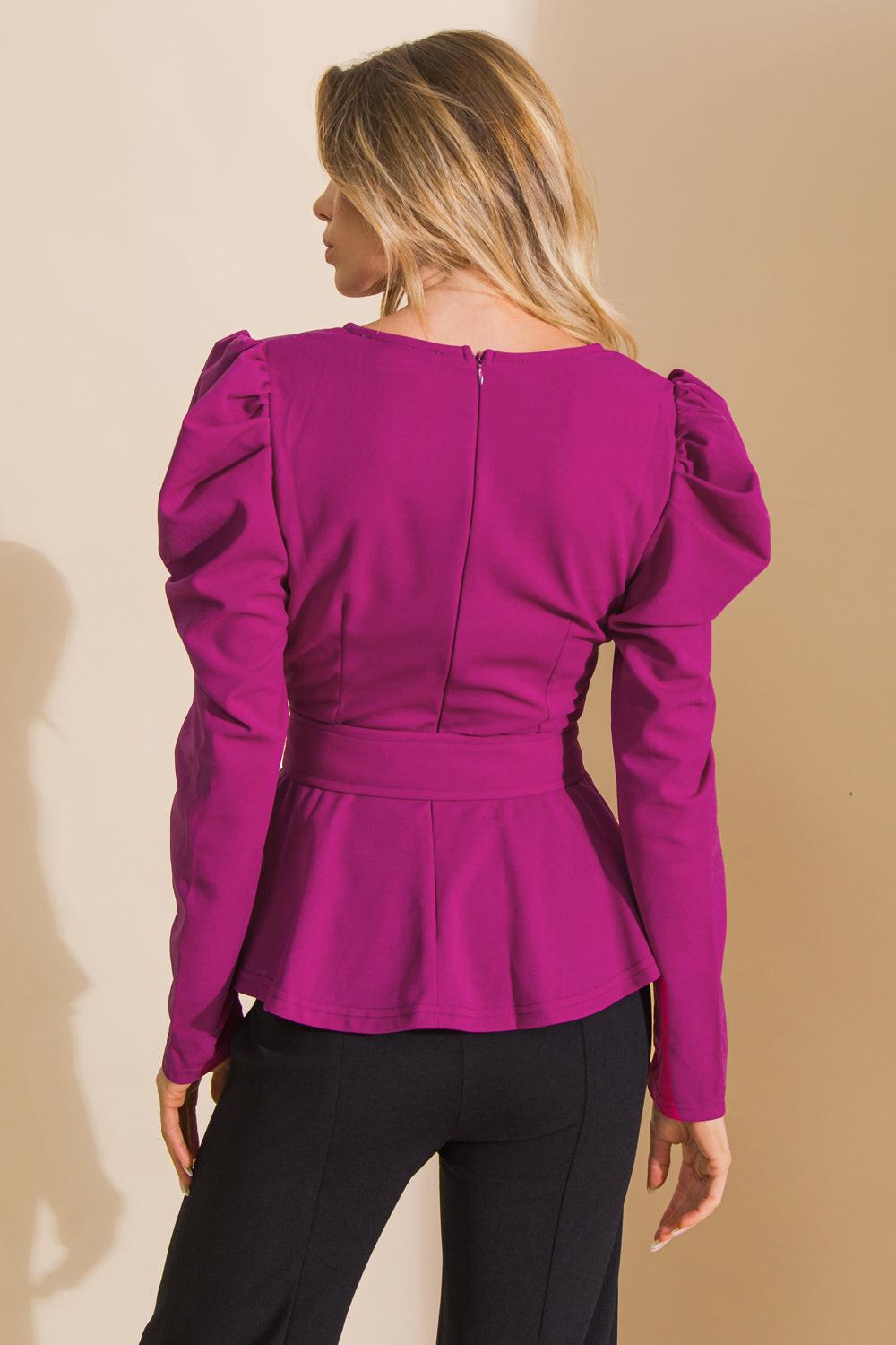 Stay With Me Woven Top Surplice Neckline Puff Sleeve Self Belt