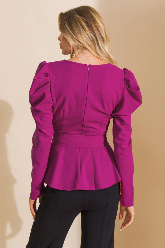 Stay With Me Woven Top Surplice Neckline Puff Sleeve Self Belt