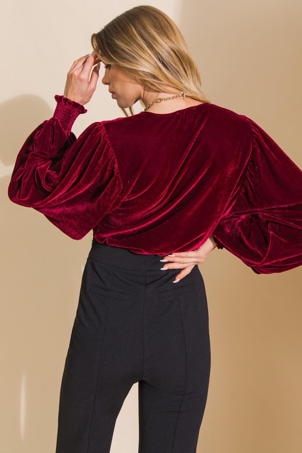 Like No Other Velvet Bodysuit With Surplice Neckline Mesh Bottom Snap Closure