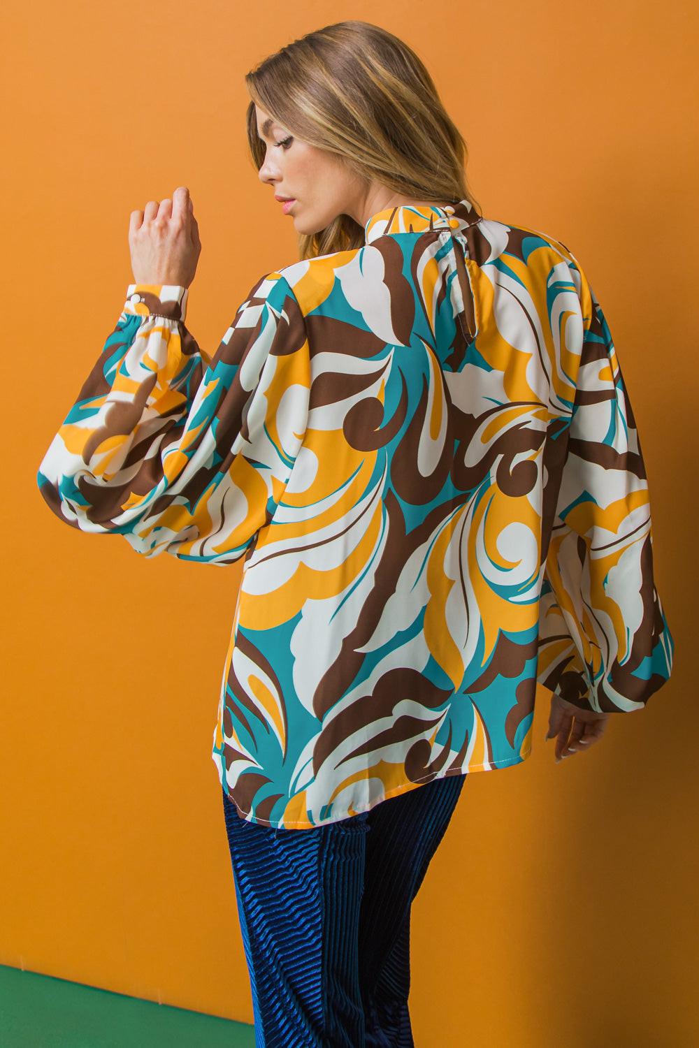 Dream On Printed Woven Top With Mock Neck And Exaggerated Sleeves