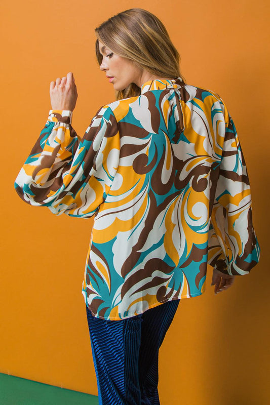Dream On Printed Woven Top With Mock Neck And Exaggerated Sleeves
