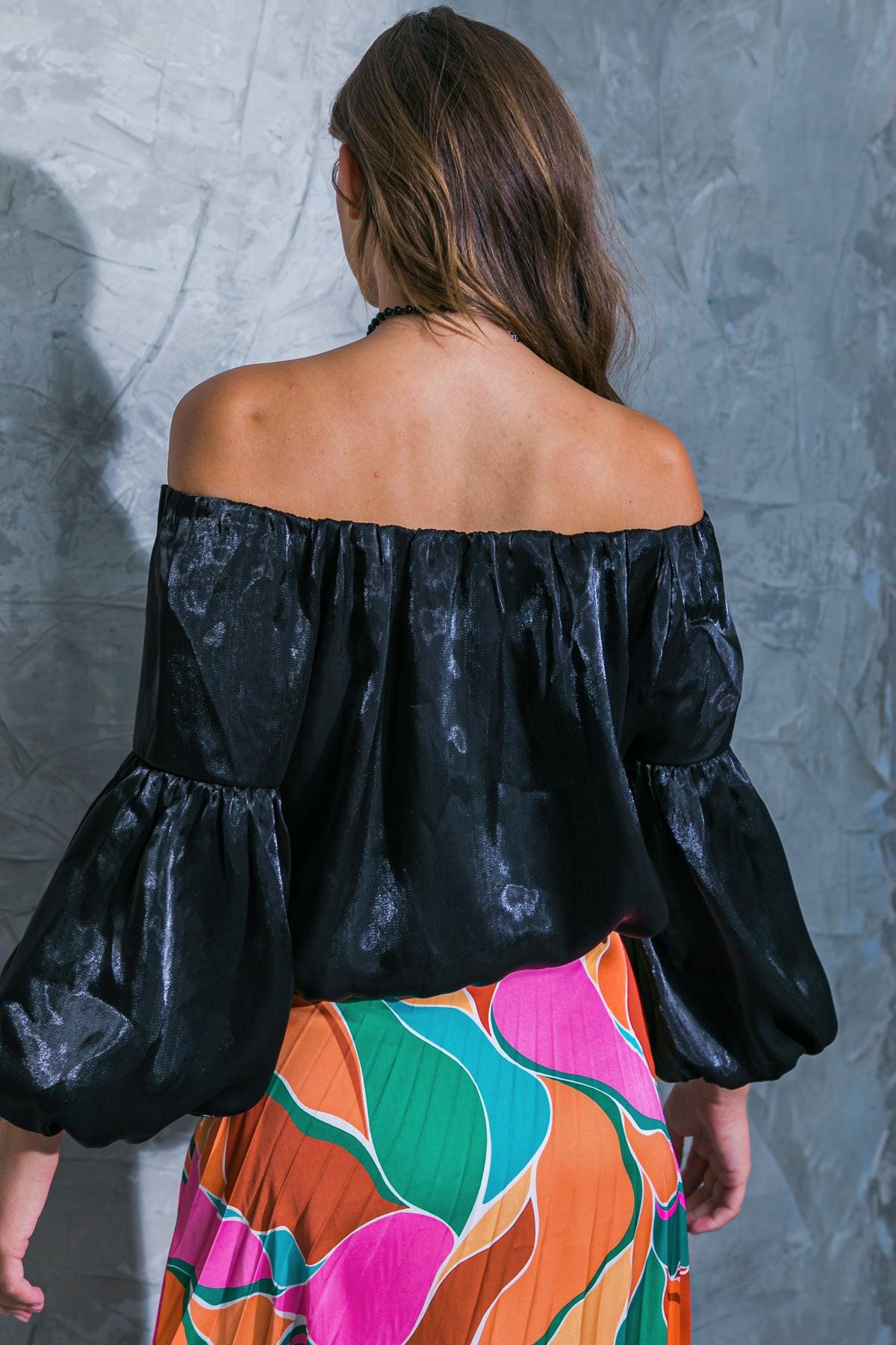 Simply Favored Woven Top Off On Neckline With Lantern Sleeves Elastic Waist