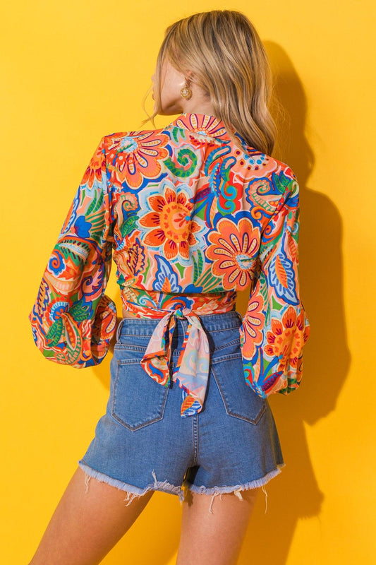 My Happy Place Printed Woven Top With Shirt Collar Front Tie