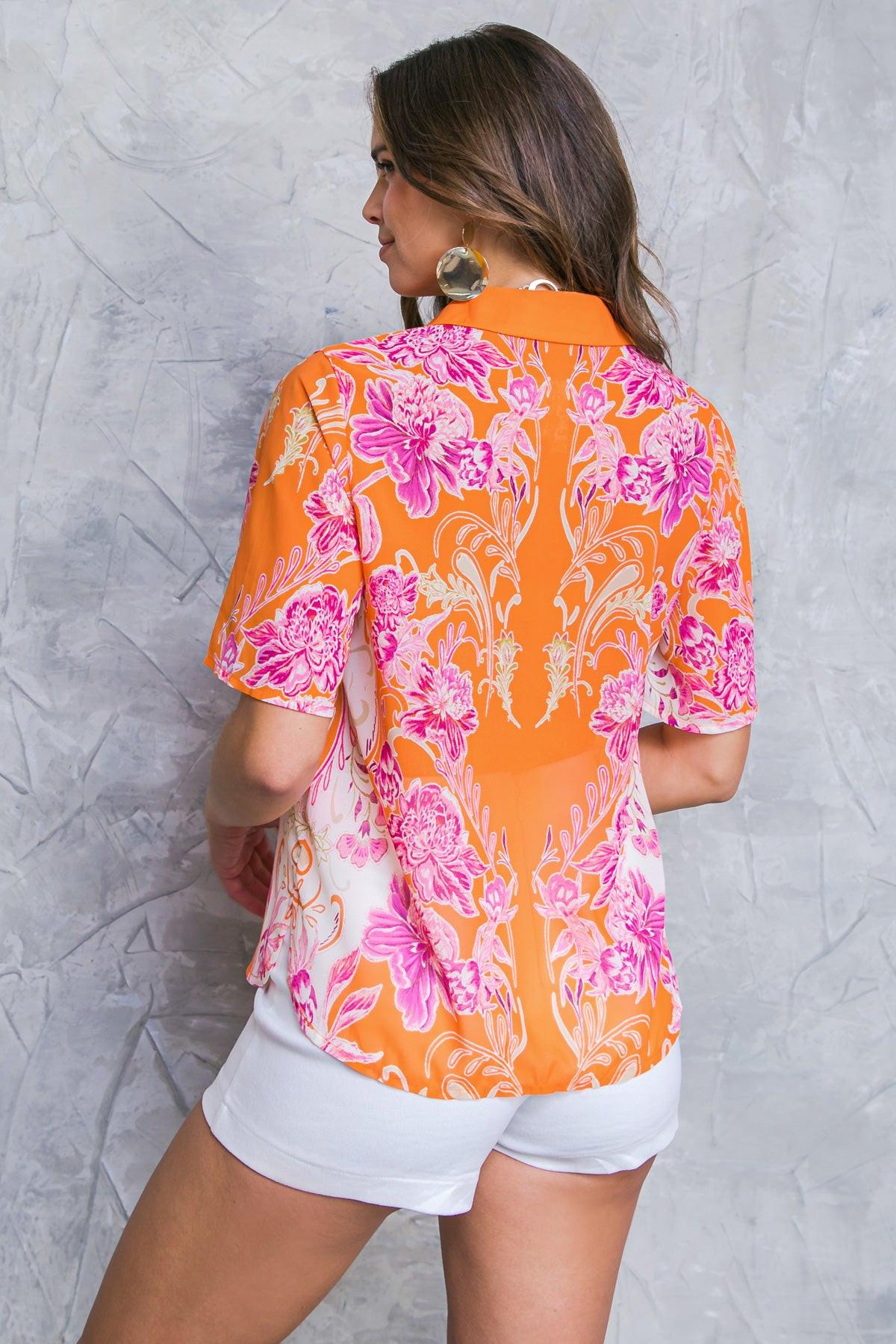 Flourishing Dreams Woven Top Printed Collared Button Down Short Sleeve
