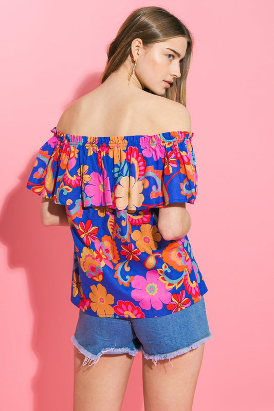 Printed Poplin Off Shoulder Cotton Top with Ruffled Edge in 20blu30 — Soul Flow Apparel