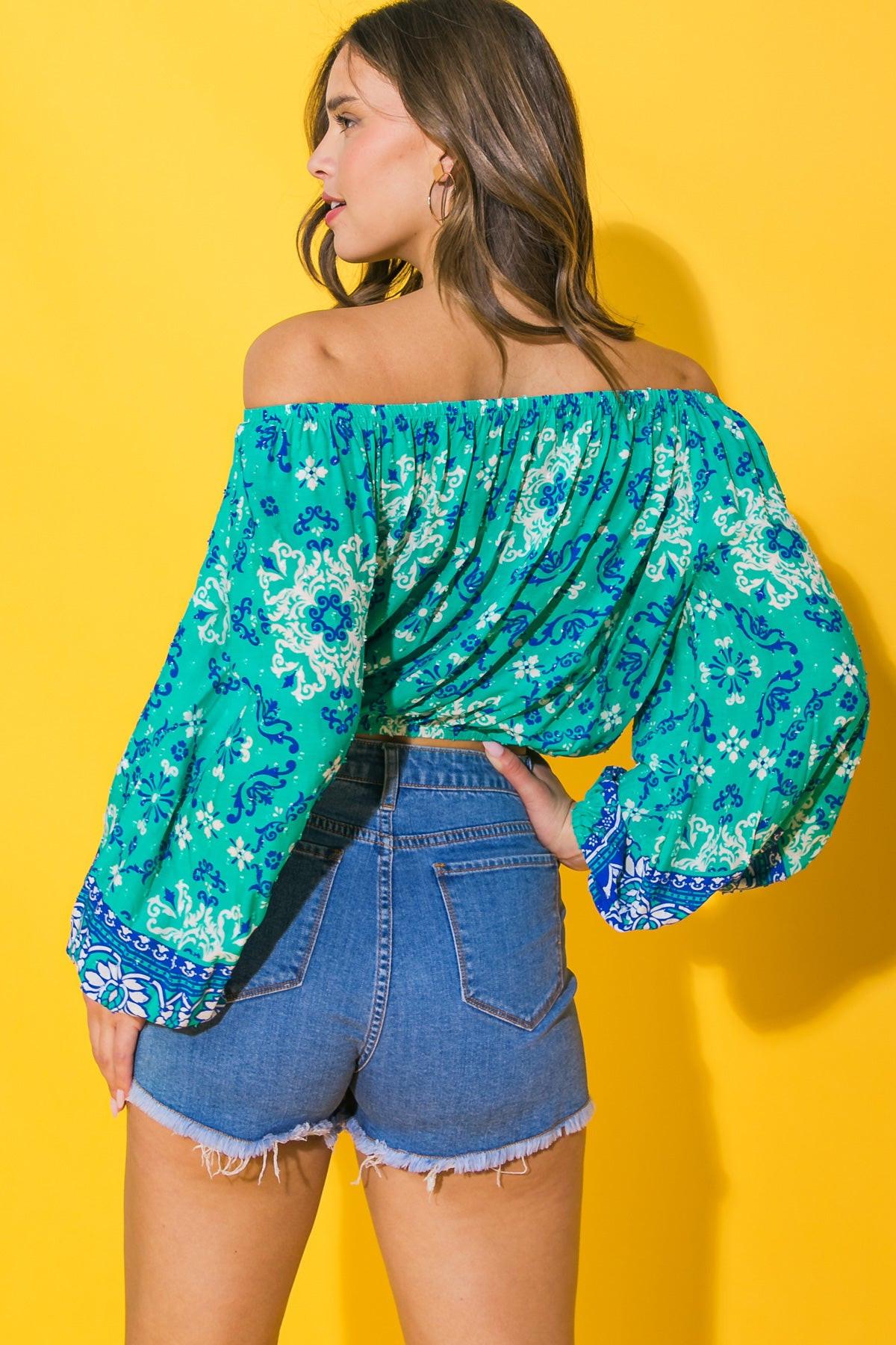 Send My Love Woven Top Off Shoulder Printed Peasant Sleeve Elastic Waist