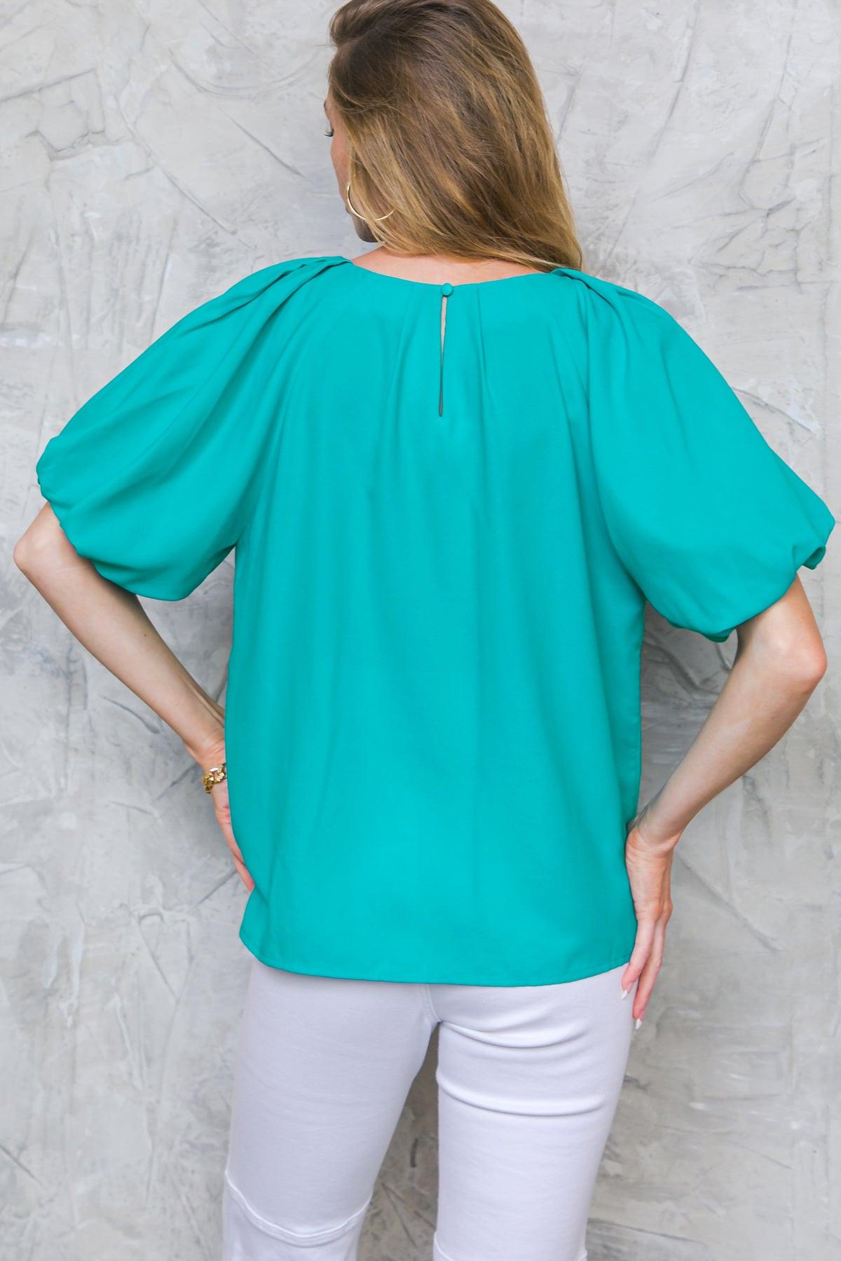 Loved Always Woven Top With Pleated Round Neck And Puff Sleeves