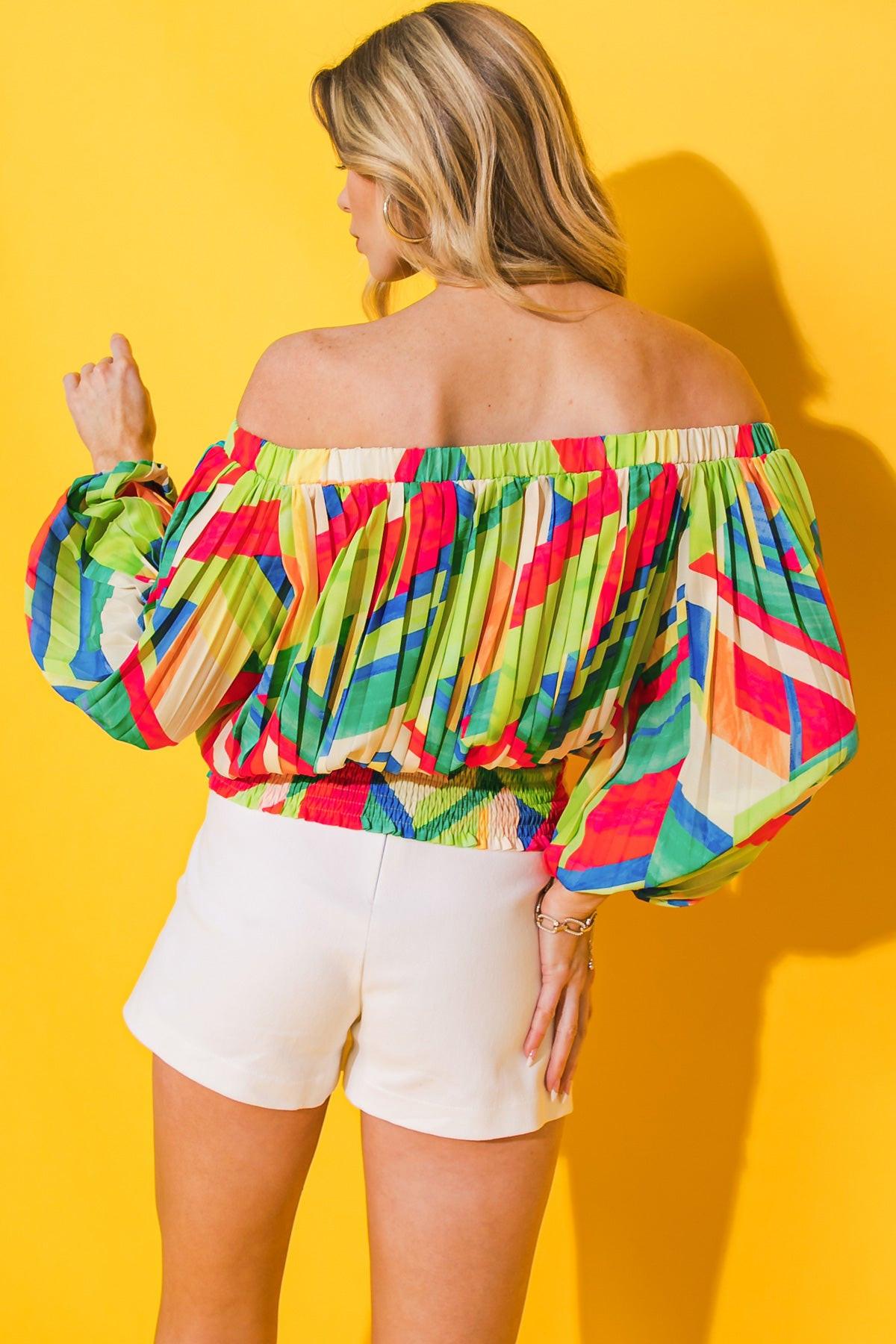 Printed Woven Top With Off Shoulder Neckline Pleated Body Smocked Waist