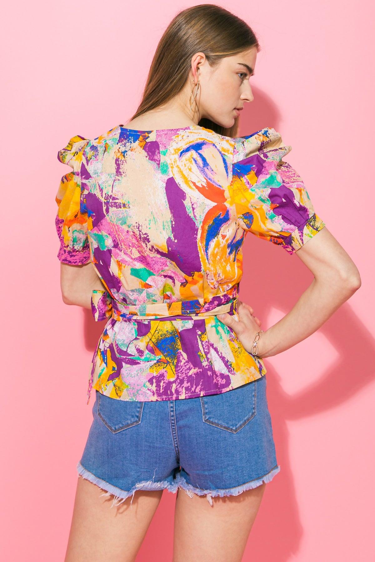 Nothing To Lose Poplin Wrap Top With Puff Sleeves And Peplum