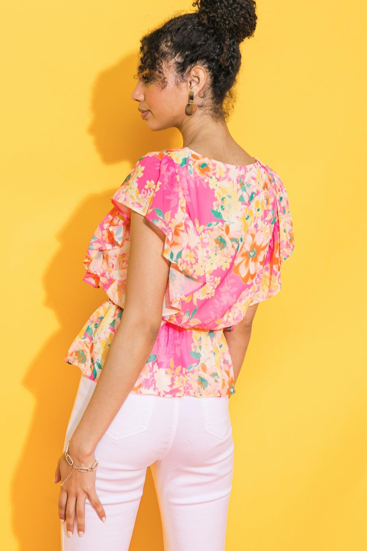 Faded View Woven Top With Surplice Neckline And Peplum Flare