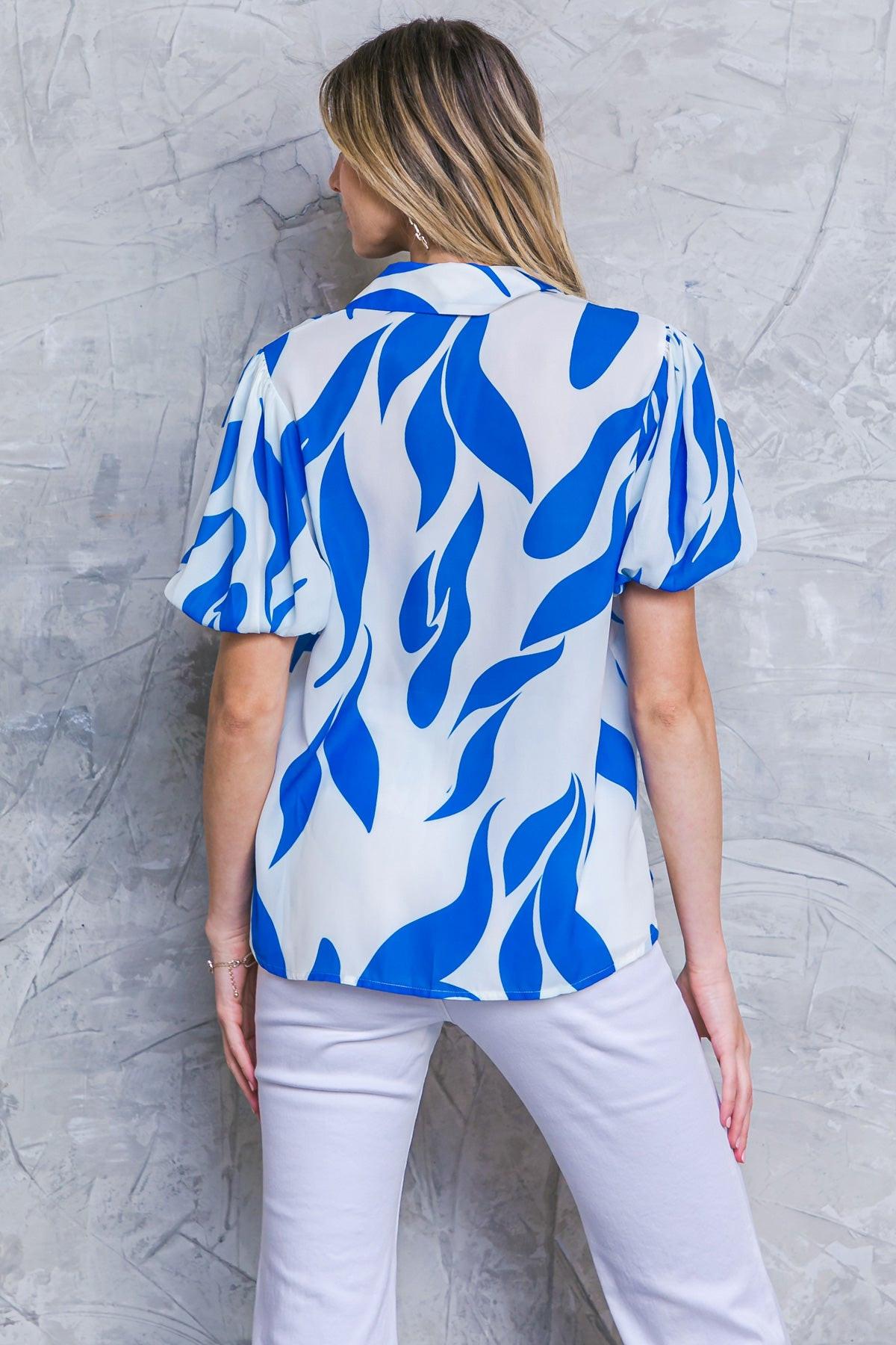 Major Crush Woven Top With Printed Design Shirt Collar And Short Puff Sleeves