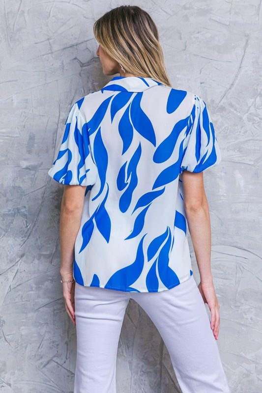 Major Crush Woven Top With Printed Design Shirt Collar And Short Puff Sleeves