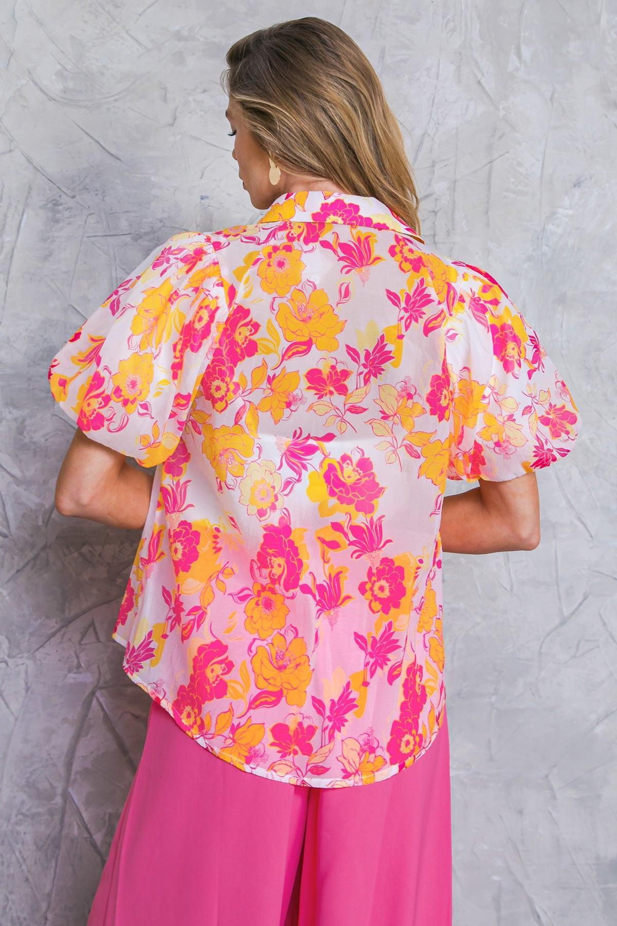 Effortless Outlook Woven Top With Shirt Collar Puff Sleeves Print Cami Included