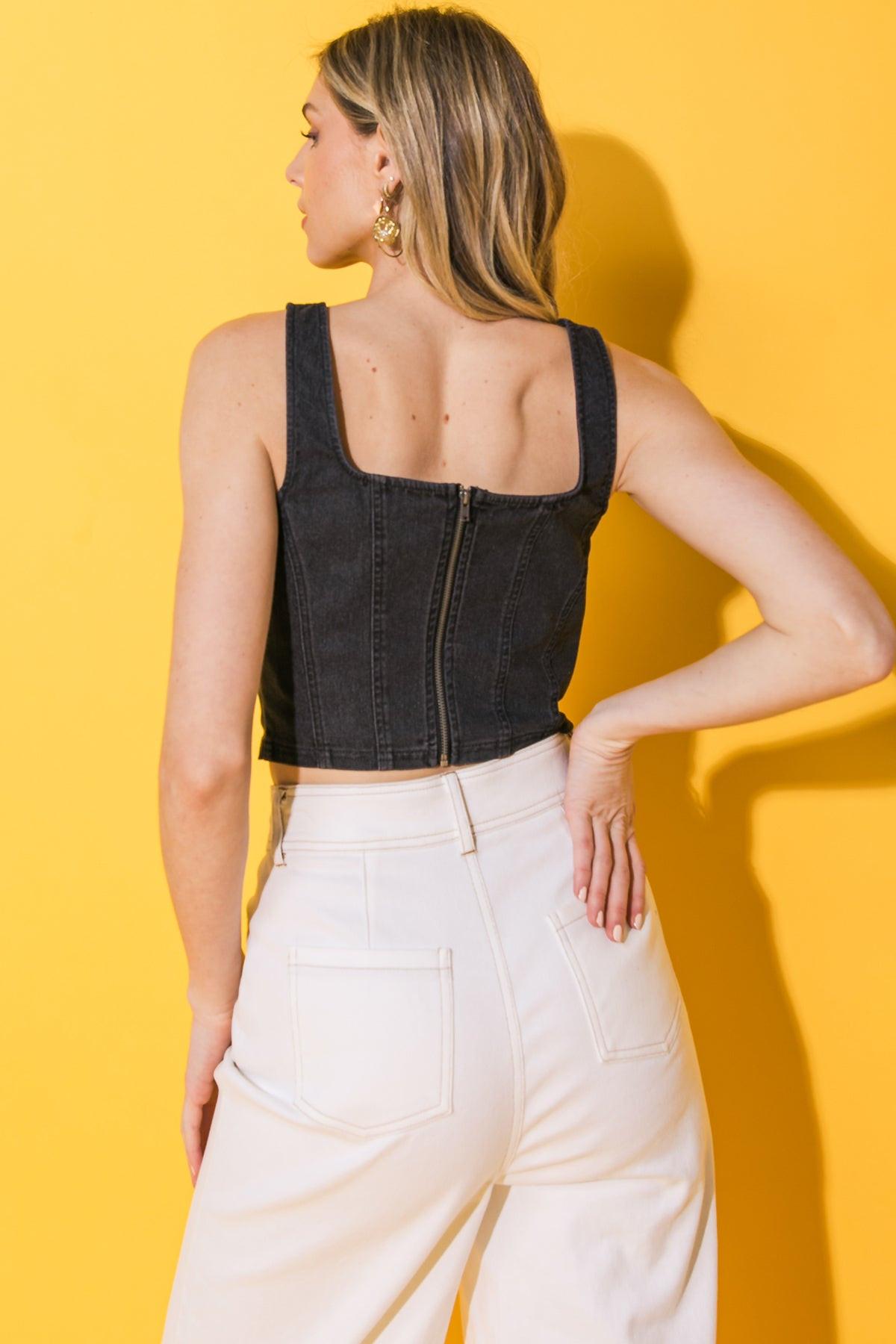 All Ahead Denim Crop Top With Straight Neckline And Adjustable Straps