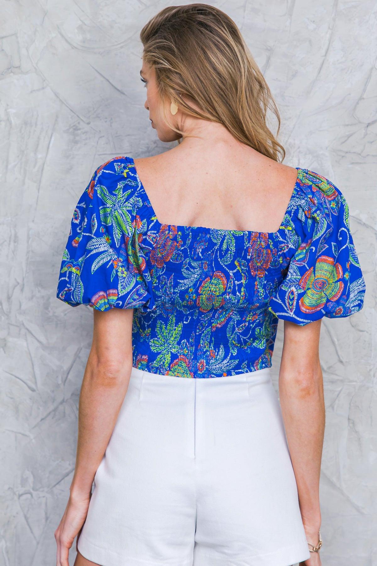 No Matter Where I Go Woven Top Printed Surplice Neckline Puff Sleeves