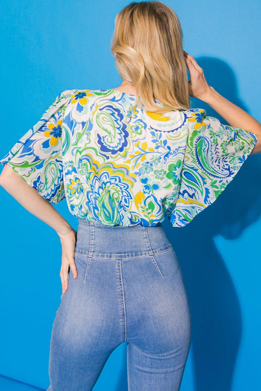 Fanciful Feat Printed Woven Bodysuit With Surplice Neckline And Flutter Sleeves