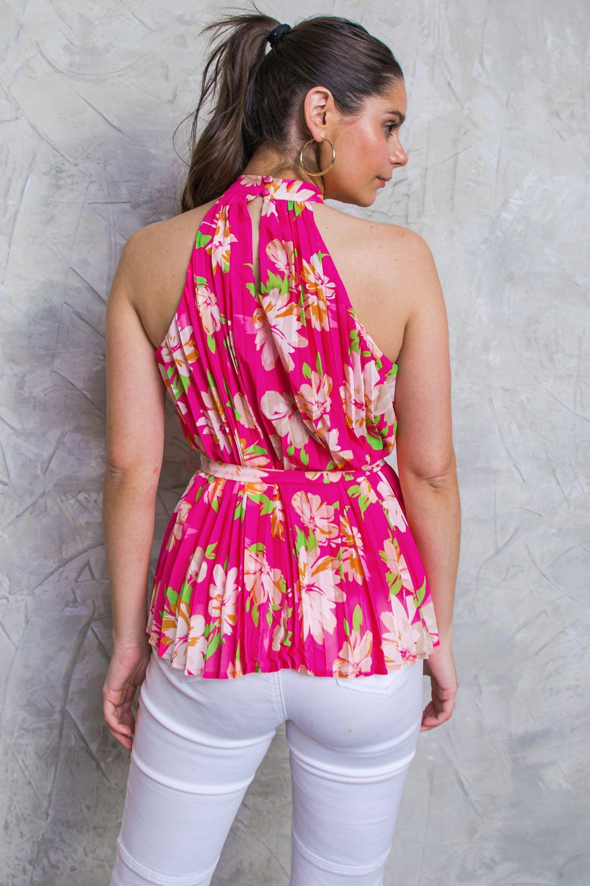Closer To You Printed Woven Top Halter Neck With Self Tie Pleated