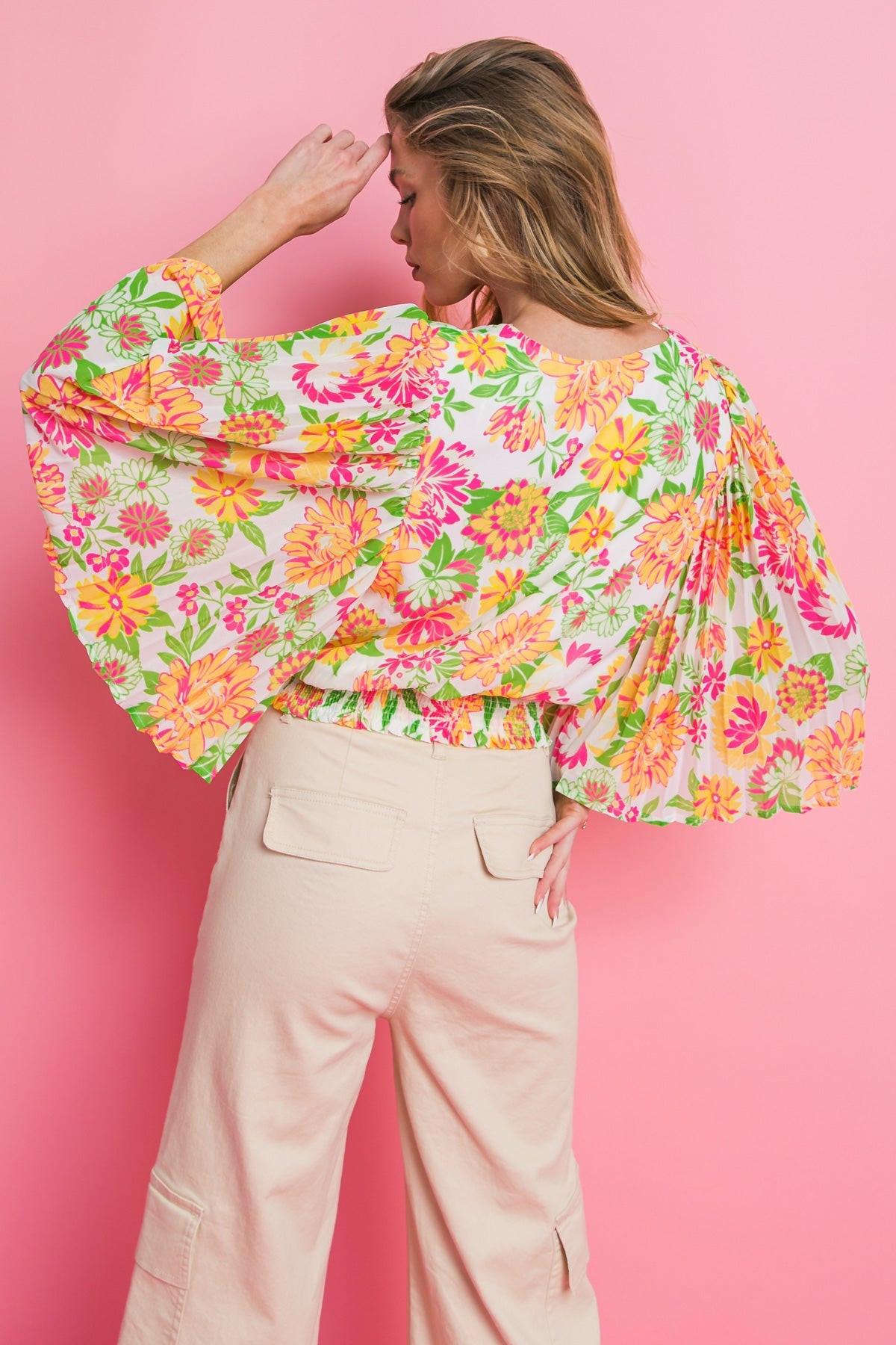 Fairy Vita Woven Top Surplice Neckline Pleated Bell Sleeves Smocked Waist Print