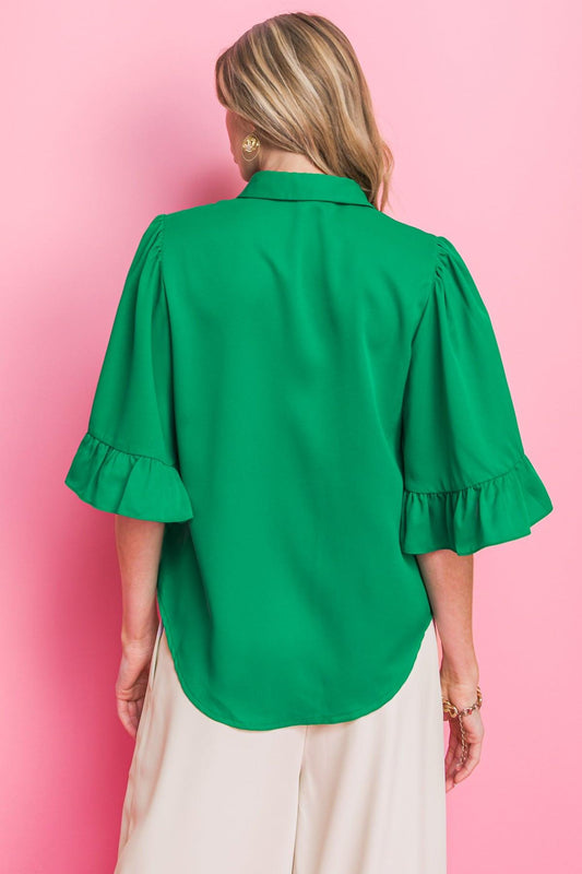 Back to Business Woven Top Shirt Collar Bell Sleeve Blouse For Work