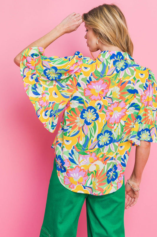 Ready to Get Away Woven Top with Short Sleeves and Ruffle Hem Polyester