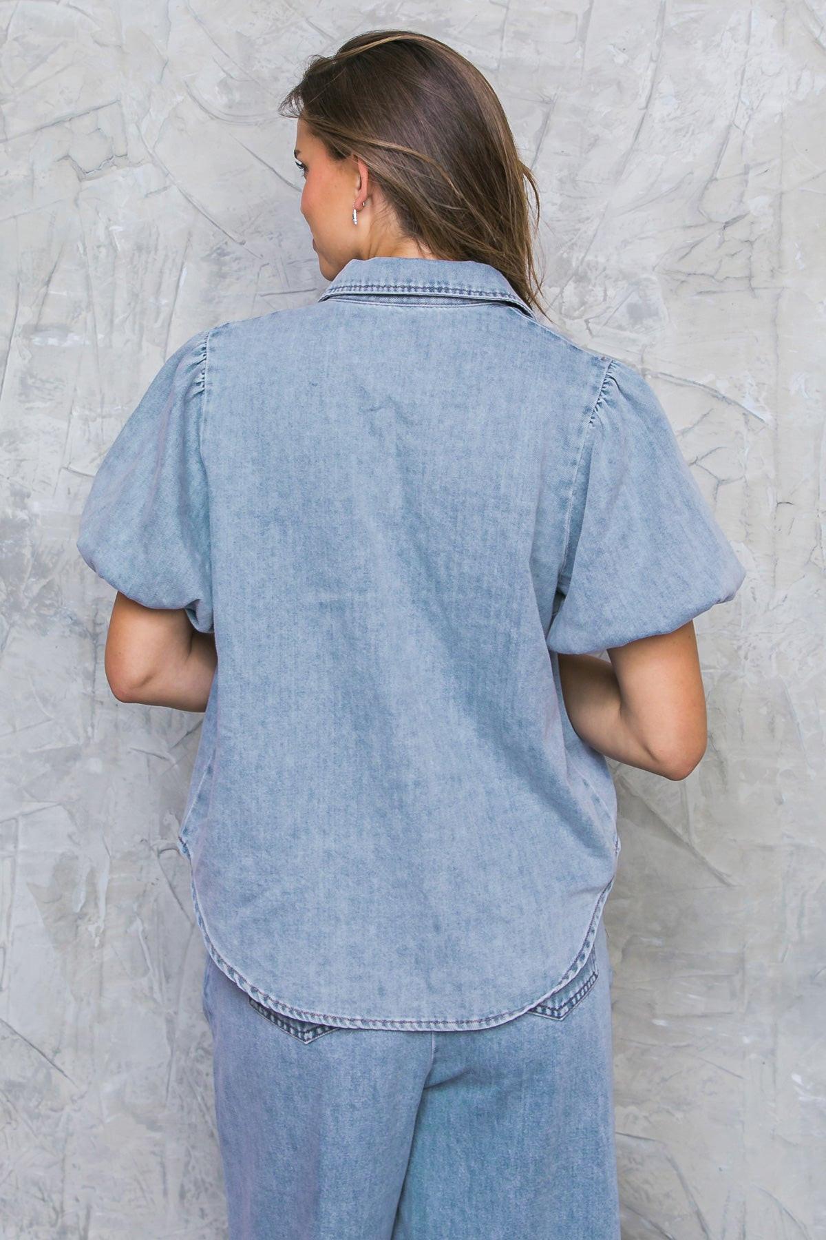 Always A Mood Denim Acid Wash Puff Sleeve Top With Shirt Collar