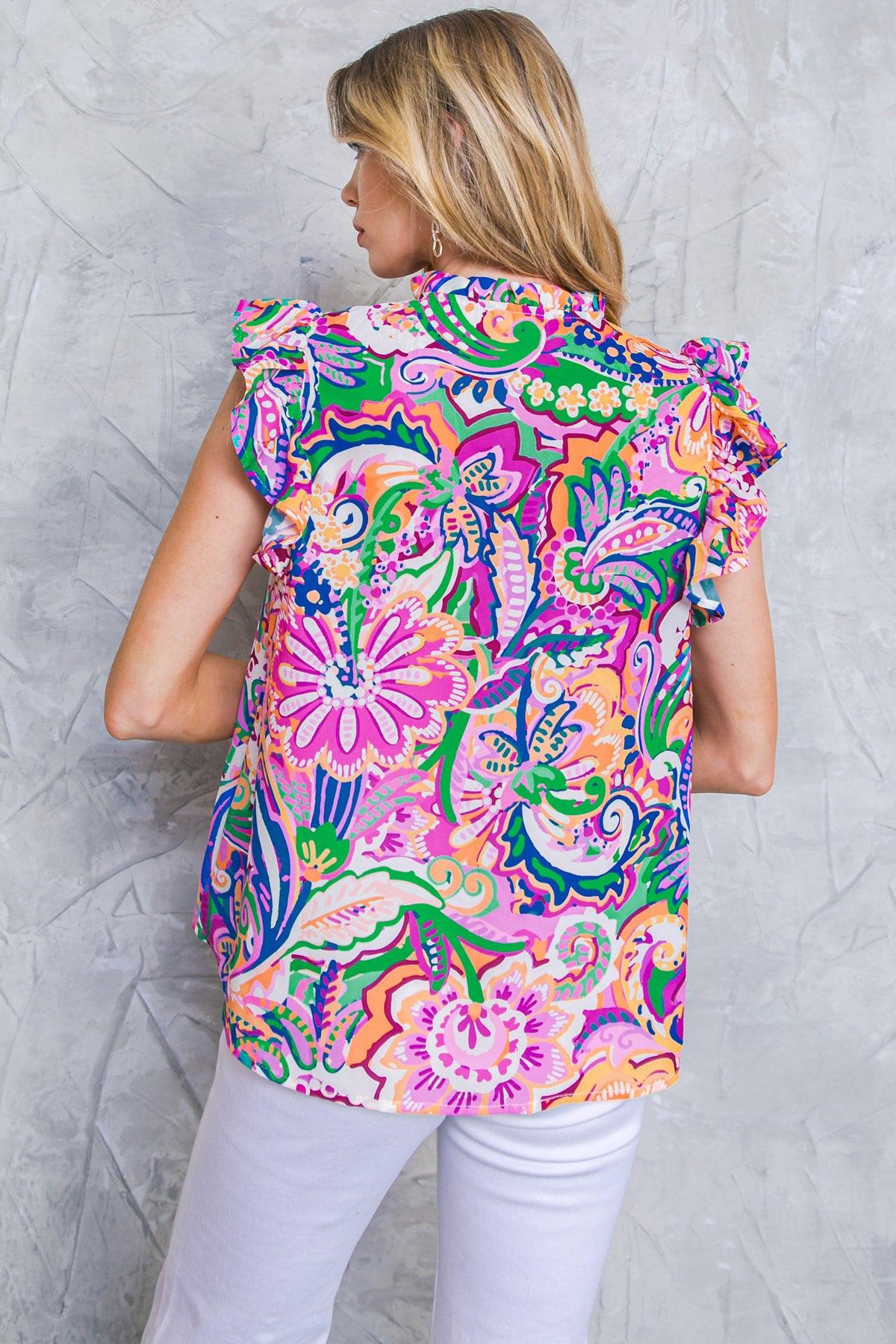 Daytime Dreams Woven Top With Round Neckline Ruffle Sleeves Front Tie Tassel