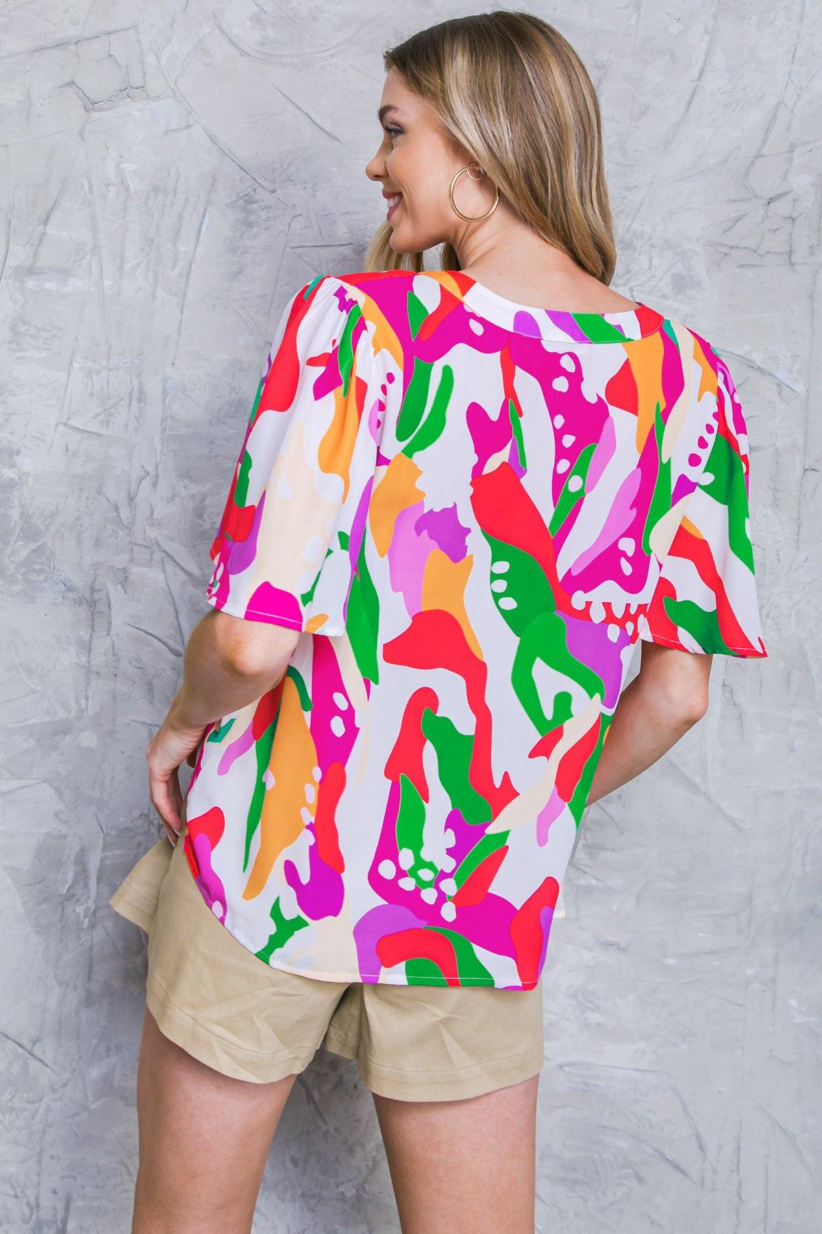 Stylish Summer Woven Top Round Neck With V Front Flutter Sleeves Polyester